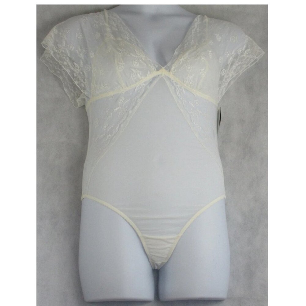 Wacoal Women's Lifted in Luxury Flutter-Sleeve Mesh Lace Bodysuit, Egret, Large